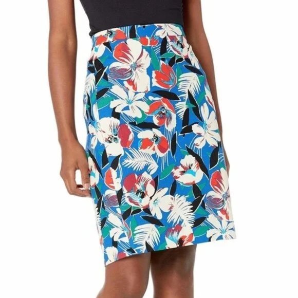J Crew Womens Tropical Floral Print Pencil Skirt Blue Red Cotton size 4 - Picture 10 of 10